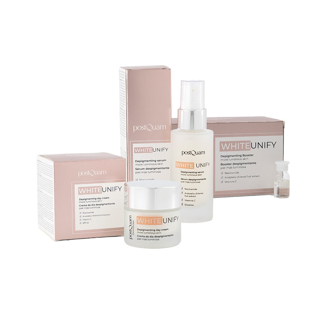 Kit White Unify Tratamiento Facial Despigmentante Crema de Día, Sérum y Ampolletas - PostQuam